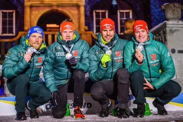 190316 Erik Lesser Roman Rees Arnd Peiffer and Benedikt Doll of Germany celebrate during the medal ceremony for the Men s 4x7 5 km Relay during the IBU World Championships Biathlon on March 16 2019 in Östersund Photo Petter Arvidson BILDBYRAN kod PA 92270,  Copyright: PETTERxARVIDSON BB190316PA193