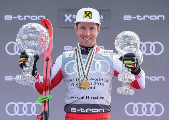 17 03 2019 Soldeu AND FIS World Cup Ski Alpine Award Ceremony Overall World Cup ranking Men in picture 1 Place Men Marcel Hirscher with the big crystal ball for the victory in the overall World Cup season 2018 19 and both small crystal balls and World Cup medals from this season all over worlcupwinner Men Marcel Hirscher of Austria with the big crystal globe World Cup season 2018 19 and both small crystal globe and World Cup medals from this season during the men s allover winner Ceremony for the Worlcup of FIS Ski Alpine World Cup finals Soldeu Andorra on 2019 03 17 Soldeu  EX_SPI