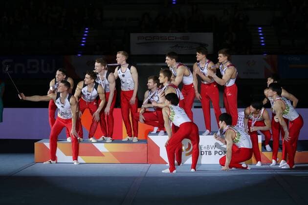 Winners GER RUS JPN after team challenge final at 2019 DTB Cup in Stuttgart 17 03 2019