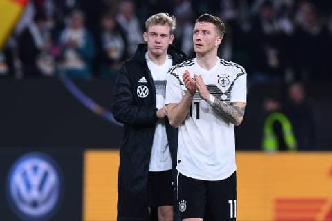 Football international Germany Serbia on 20 03 2019 in the Volkswagen Arena in Wolfsburg Marco Reus Germany front Julian Brandt Germany back DFB regulations prohibit any use of photographs as image sequences and or quasi video xRx