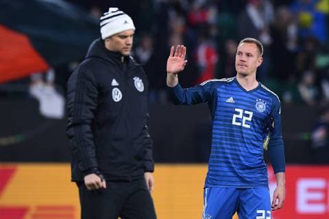 Football international Germany Serbia on 20 03 2019 in the Volkswagen Arena in Wolfsburg Manuel New Germany left Marc Andre ter Stegen Germany right DFB regulations prohibit any use of photographs as image sequences and or quasi video xRx