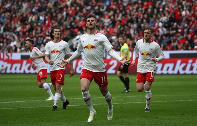 Leverkusen RB Leipzig Soccer Bundesliga Leverkusen 06 04 2019 BayArena Soccer Bundesliga 28 Matchday Bayer 04 Leverkusen vs RB Leipzig In picture goal scorer Timo Werner 11 RB Leipzig after his goal to the 2 2 equalization V l Marcel Sabitzer Timo Werner and Emil Forsberg all Leipzig DFL regulations prohibit any use of photographs as image sequences and or quasi video