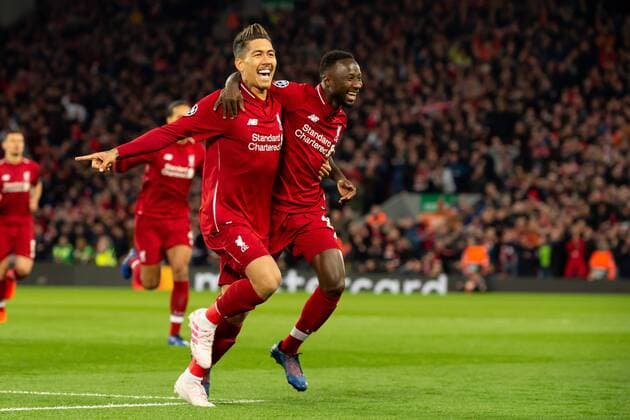 Liverpool England 09 04 2019 UEFA Champions League 2018 19 Season Round of 8 Quarter Finals Liverpool FC vs. FC Port Goal to 1-0 Scorers Sadio Mane LFC cheers with Roberto Firmino LFC DeFodi053