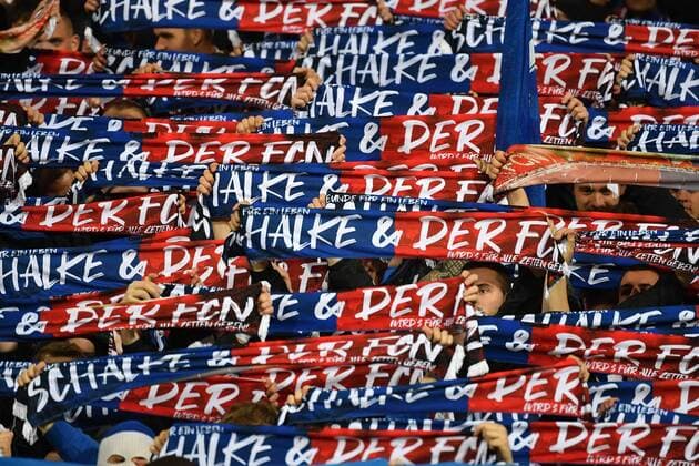 Schalker and Nuernberg fan friendship fans fans football fans waving their fan scarves football 1 Bundesliga 29 matchday matchday29 1 FC Nuernberg N FC Schalke 04 GE 1 1 on 12 04 2019 in Nuernberg Germany MAX MORLOCK STADION DFL REGULATIONS PROHIBIT ANY USE OF PHOTOGRAPHS AS IMAGE SEQUENCES AND OR QUASI VIDEO