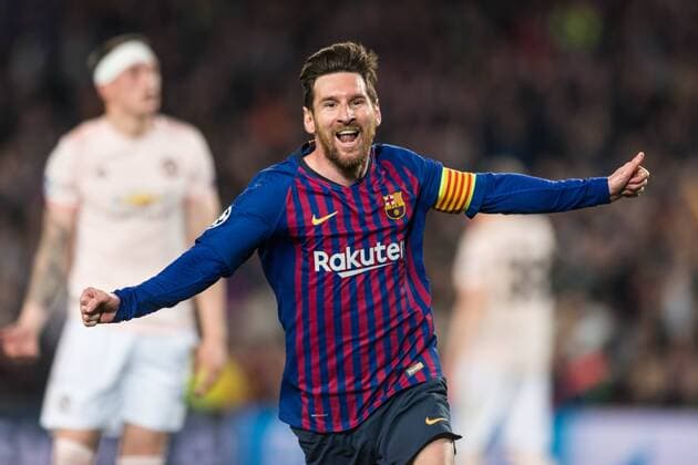 Barcelona Spain 16 04 2019 UEFA Champions League 2018 19 Season Quarter Final 2 Round FC Barcelona Manchester United Lionel Messi Barcelona celebrates his team s second goal DeFodi059
