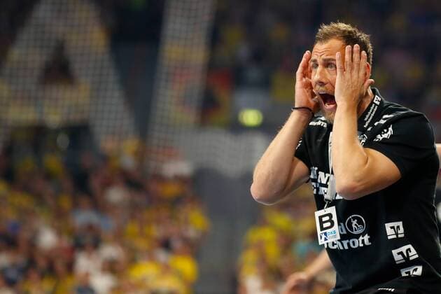 Rhein Neckar Loewen vs SG Flensburg Handewitt 21 04 2019 SAP Arena in Mannheim DKB Handball Bundesliga coach Maik Machulla Flensburg action single picture gesture gesture gesture gesture mimic strong facial expression emotion