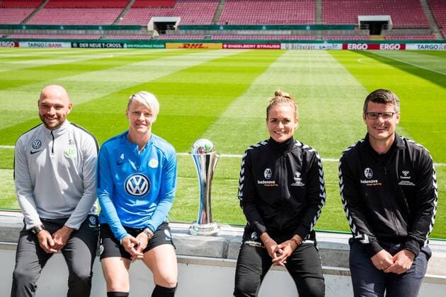 DFB Cup Final Women Press Conference VfL Wolfsburg SC Freiburg 30 04 2019 Stephan Lerch Coach VfL Wolfsburg Nilla Fischer 4 VfL Wolfsburg Clara Schoene 27 SC Freiburg Jens Scheuer Trainer SC Freiburg DFB Cup Final Women Press Conference VfL Wolfsburg SC Freiburg Cologne Rheinenergiestadion DFL REGULATIONS PROHIBIT ANY USE OF PHOTOGRAPHS AS IMAGE SEQUENCES AND OR QUASI VIDEO xswx