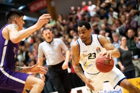 easycredit Basketball Bundesliga 33 4 Matchday on 12 5 2019 between Science City Jena and BG Göttingen v left on ball Immanuel McElroy Jena against Derek Willis Göttingen Sparkassen Arena Jena