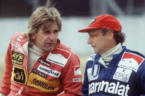 Niki Lauda died at the age of 70 Manfred WINKELHOCK BRD, l and Niki LAUDA AUT leaning next to each other on a wall, half figure on 06 08 1983 at the Hockenheimring Motorsport, Formula 1, car, racing car, car race, formula one, racing driver, driver, Grand Prix, Germany, GER, Federal Republic, Austria ÃÂ