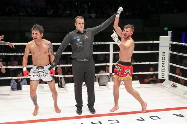 Gladiator Fightnight 3 K1 Kickboxing German Championship, Men up to 67 kg, Chriss Vass Ingolstadt, red trousers against Ali Nazari Lauingen, white trousers, winner Vass after points 2 1, Jubilation Gladiator Fightnight 3 K1 Kickboxing