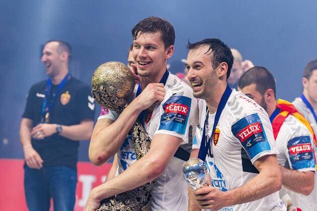 Cologne, Germany 02 June 2019 Handball EHF CL Final HC Vardar Skopje vs Telekom Veszprem Christian Dissinger HC Vardar , Igor Karacic HC Vardar with the Cup Köln Lanxess Arena Germany