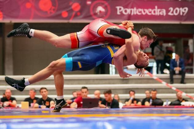Juniors Wrestling European Championships 2019 Pontevedra, Spain 03 06 2019 Juniors Wrestling European Championships Greco Roman Style 77kg Kevin Gremm red GER vs Mats Ola Lukas AHLGREN blue SWE