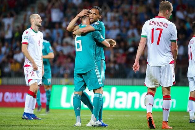 Leroy Sane Germany right right re cheers after his goal to 0 1 with Joshua Kimmich Germany left li DFB regulations prohibit any use of photographs as image sequences and or quasi video BLR, Football, European Championship qualification, Belarus Germany, 08 06 2019 Borissow Copyright: xTomxWellerx xEibner-Pressefotox EP_eer