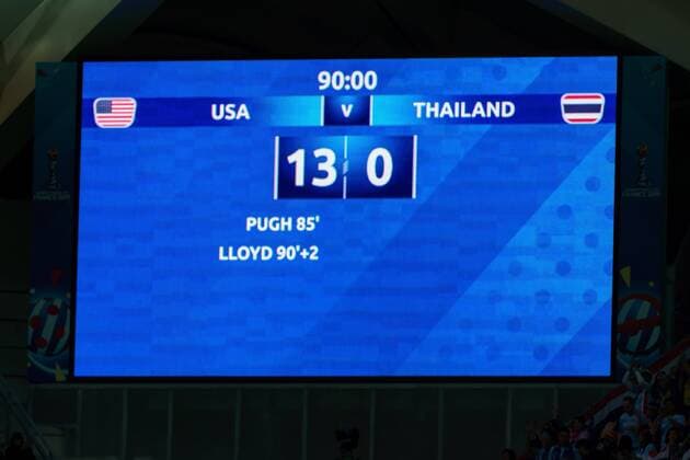 Reims, France 11 06 2019, FIFA Womens World Cup 2019, Group F, 1 matchday, USA Thailand, scoreboard after the 13 0 , Defodi 01001214902 Defodi-001