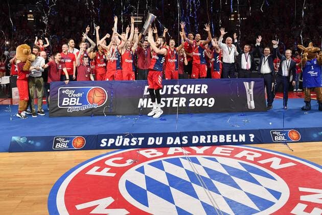 Teamphoto,Team,Team,Teamphoto DANILO BARTHEL FCB with Cup,Cup,Trophaee,Jubel,Joy,Enthusiasm,German Champion,Winner,Champion Basketball 1 Bundesliga,FINALE,Match 3 FC Bayern Muenchen Alba Berlin 93 88, on 23 06 2019 ,A U D I D O M E
