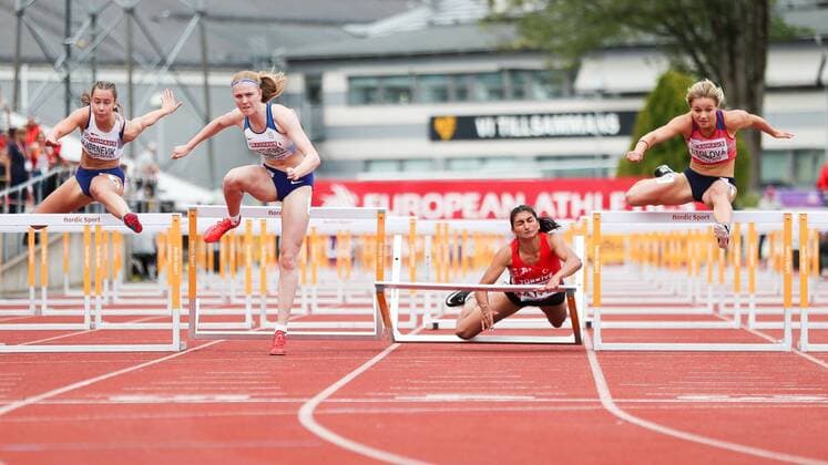 European U20 Athletics Championships on July 19, 2019 Sevval Ayaz TUR, 100 m hurdles crashes in the qualification heat over 100m hurdles women European U20 Athletics Championships on July 19, 2019 in Boras Sweden xUSx