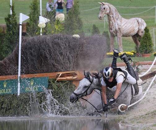 Peter Thomson GER with his horse Casino 80 misses the obstacle, fall at the Rolex obstacle, SAP Cup, Eventing, Cross Country, Cross Country, World Equestrian Festival, World Equestrian Festival, CHIO Aachen 2019, 12 21 07 2019, Aachen Soers, 20 07 2019
