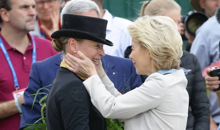 Aachen , CHIO Aachen , Deutsche Bank Prize, Grand Dressage Prize of Aachen , Grand Prix Freestyle CDIO5 , EU Commission President Ursula von der Leyen right congratulates Isabell Werth on her victory