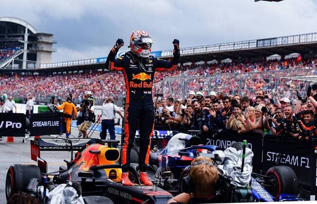 28 07 2019, xpsx, Motorsport FIA Formula 1, Mercedes Benz Grand Prix of Germany 2019 race v l winner, Jubel Max Verstappen Aston Martin Red Bull Racing 33 NED Hockenheim