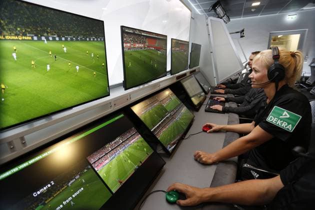 Cologne, Germany, 05 08 2019 DFB referee Bibiana STEINHAUS re joined by video operators to watch scenes from a Bundesliga football match on the monitors of the redesigned and expanded Video Assist Center VAC at the Cologne Broadcasting Center in Cologne