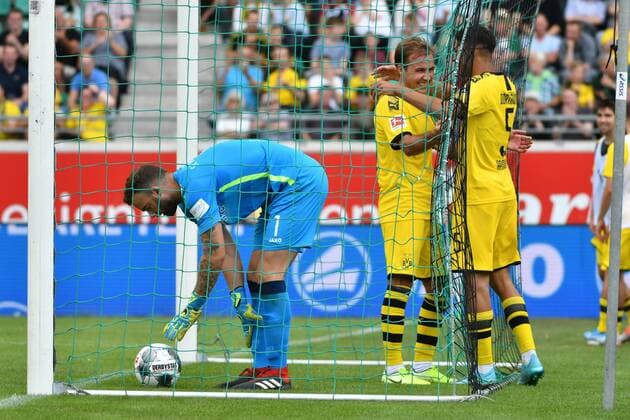 Goal scorer for 0 3 Mario Goetze Borussia Dortmund 10 with Achraf Hakimi Borussia Dortmund 5 in goal by Maximilian Schulze Niehues Preussen Muenster 35 DFB regulations prohibit any use of photographs as image sequences and or quasi video, GER, Fussball, 3 Liga, SC Preussen Muenster Borussia Dortmund, 10 08 2019, Preussenstadion Muenster Copyright: xEIBNER FrankxWenzelx EP_fwl