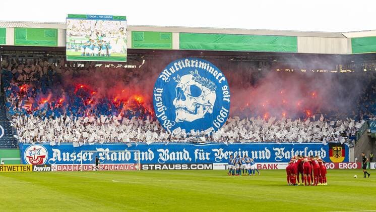 Fans of FC Hansa Rostock to finish before the game pyrotechnics in their own block and organize a choreography FC Hansa Rostock vs. VfB Stuttgart, football, DFB Cup, 1 round, 12 08 19 Rostock Mecklenburg Vorpommern Germany Copyright: xAgentur54Gradx xFelixxKoenigx