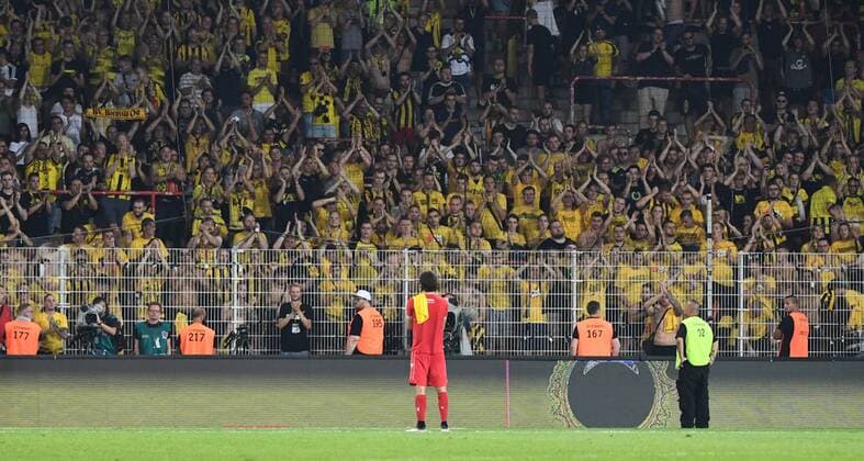 Soccer, Men, Season 2019 2020, 1 Bundesliga, 1 FC Union Berlin Borussia Dortmund, Fans from Dortmund celebrate after the final whistle Neven Subotic 1 FC Union Berlin , 31 08 2019, Copyright: xMatthiasxKochx