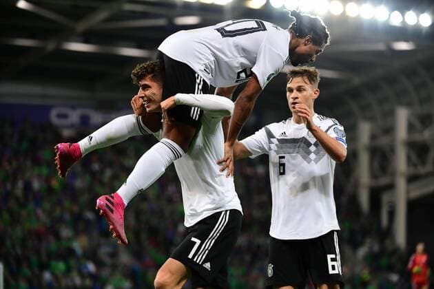 Football EM qualification Northern Ireland Germany on 09 09 2019 at Windsor Park in Belfast Goal celebration for 0 2 by Serge Gnabry Germany DFB regulations prohibit any use of photographs as image sequences and or quasi video xMNx