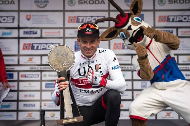 Alexander Kristoff NOR UAE Team Emirates wins the 1 stage of the 63 Slovakia Tour and can be celebrated on the podium here with the winners cup award ceremony ceremony ceremony celebration jubilation joy Luck emotions emotions facial expressions Mimic Gestic Gestic Landscape Landscape horizontal Event Event 63 Okolo Slovenska Slovakia Tour 1a Stage 1a Bardejov to to Bardejov 138 2 km Location Bardejov Region Saris Land Country Slovakia Slovenska Date Date 18 09 2018 Stiehl Photography