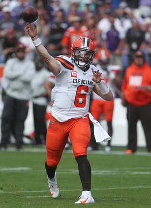 NFL, American Football Herren, USA 2019: Browns vs Ravens SEP 29, Cleveland Browns QB Baker Mayfield (6) in action during a game against the Baltimore Ravens at M&T Bank Stadium in Baltimore, Maryland on September 29, 2019. Photo Mike Buscher Cal Media Sipa USA(Credit Image: © Mike Buscher Cal Sport Media Sipa USA CSM Sipa USA) NO ARCHIVING, EDITORIAL USE ONLY, NO USE IN BOOKS WITHOUT CONSENT Baltimore MD United States Copyright: xCalxSportxMediax 20190930001423197619