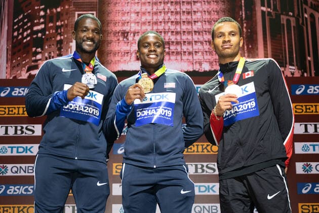 IAAF World Athletics Championships Doha 2019 Qatar, 29 09 2019 DOHA, QATAR SEPTEMBER 29 Christian Coleman USA , Justin Gatlin USA and Andre de Gasse CAN at the Podest on day 3 of the IAAF World Athletics Championships Doha 2019 at the Khalifa International Stadium of Doha on 29 9 2019 in Arabian Peninsula Qatar Copyright: xBEAUTIFULxSPORTS OliverxKremerx