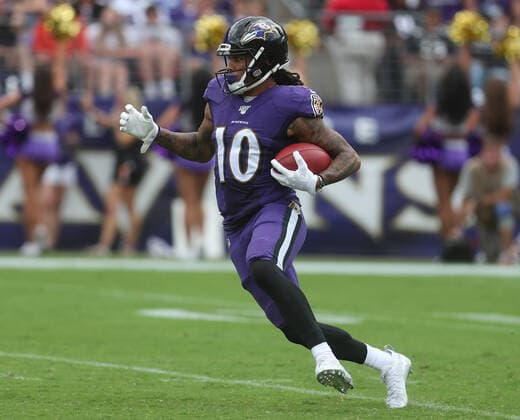 NFL, American Football Herren, USA 2019: Browns vs Ravens SEP 29, Baltimore Ravens WR Chris Moore (10) in action during a game against the Cleveland Browns at M&T Bank Stadium in Baltimore, Maryland on September 29, 2019. Photo Mike Buscher Cal Media Sipa USA(Credit Image: © Mike Buscher Cal Sport Media Sipa USA CSM Sipa USA) NO ARCHIVING, EDITORIAL USE ONLY, NO USE IN BOOKS WITHOUT CONSENT Baltimore MD United States Copyright: xCalxSportxMediax 20190930001423219135