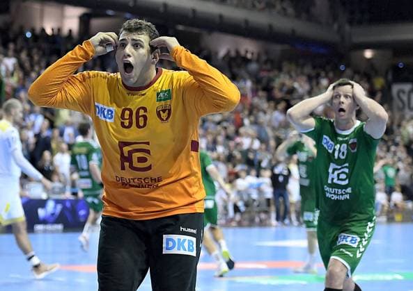 01 10 2019, xlakx, Handball DHB Cup, Fuechse Berlin SC Magdeburg emspor, v l gestekuliert Dejan Milosavljev Fuechse Berlin 96 ,Hans Lindberg Fuechse Berlin 18 Berlin