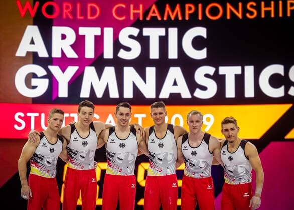 Turn WM Stuttgart 2019 Team Germany v l Philipp Herder Karim Rida Andreas Toba Lukas Dauser Felix Remuta Nick Klessing Podium Training Turn WM 2019 Stuttgart Germany Stuttgart 03 10 19 Gymnastics Podium Training , Stuttgart Baden Wuerttemberg Germany