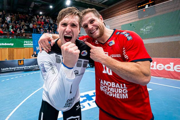 Würzburg, Germany 11 October 2019 2 BL 19 20 DjK Rimpar Wölfe vs SG BBM Bietigheim Goalkeeper Jonas Maier SG BBM Bietigheim , Michael Kraus SG BBM Bietigheim Final cheer Final cheer Emotion Joy Würzburg s Oliver Arena Germany