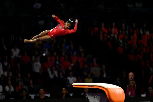 World Champion Simone Biles USA Action Jump Finale apparatus finals single jump Hanns Martin Schleyer Halle 12 10 2019 Turn WM Stuttgart 2019 Turn WM Stuttgart 2019