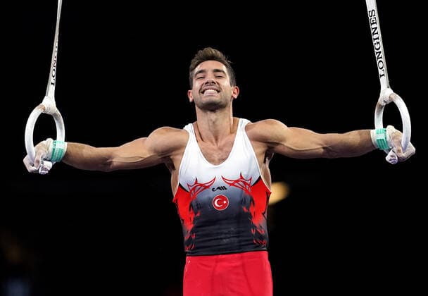 12 10 2019 Germany, Stuttgart, World Championships Artistic Gymnastics 2019 Appliances Final Winner Ibrahim Colak TUR on the Wrestling Rings