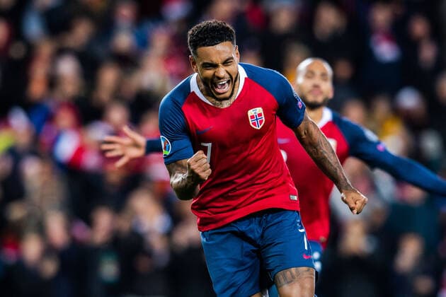 191012 Joshua King of Norway celebrates after 1 1 during the UEFA Euro Qualifier football match between Norway and Spain on October 12, 2019 in Oslo Photo Vegard Wivestad Grott BILDBYRAN code VG 170422 bbeng football football soccer soccer uefa euro qualifier and qualifying with qualifying and qualifying international norway norway spain spain rejoice,  Copyright: VEGARDxWIVESTADxGRoTT BB191012VG061