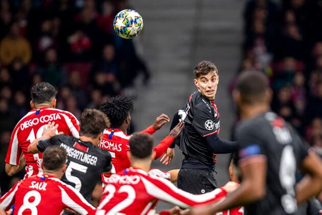 Football UEFA Champions League, CL, season 2019 2020, 3 matchday, Athletico Madrid Bayer Leverkusen in Madrid Spain Leverkusens Kai Havertz beheads the ball UEFA REGULATIONS PROHIBIT ANY USE OF PHOTOGRAPHS AS IMAGE SEQUENCES AND OR QUASI VIDEO Copyright: xKirchner DavidxInderliedx
