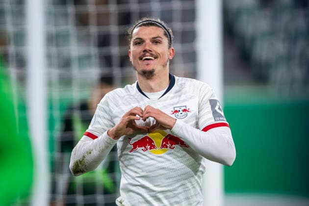 Football, DFB Cup, Season 2019 2020, 2 Round, VfL Wolfsburg RB Leipzig on 30 10 2019 at the Volkswagen Arena in Wolfsburg Lower Saxony Leipzigs Marcel Sabitzer cheers after his goal to 0 2 DFB REGULATIONS PROHIBIT ANY USE OF PHOTOGRAPHS AS IMAGE SEQUENCES AND OR QUASI VIDEO Copyright: xKirchner DavidxInderliedx