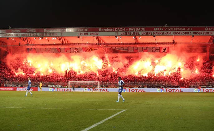 Pyrotechnics, Bengalos, fireworks in the union fan block sport football football DFL Bundesliga mens season 2019 2020 02 11 2019 1 FC Union Berlin FCU vs Hertha BSC DFL regulations prohibit any use of photographs as image sequences and or quasi video