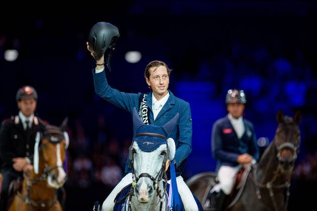 20191103 LONGINES EQUITA LYON LYON, FRANCE NOVEMBER 3 Martin Fuchs SUI riding Clooney 51 at LONGINES FEI Jumping World Cup LONGINES EQUITA LYON on November 3, 2019 in LYON, LYON Rhone Alpes France