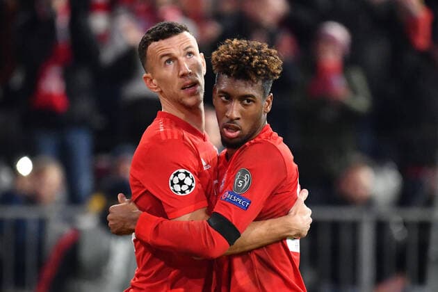 Goal celebration Ivan PERISIC Bayern Muenchen with Kingsley COMAN Bayern Muenchen after goal to 2 0, jubilation, joy, enthusiasm, action FC Bayern Muenchen Olympiacos FC 2 0 Football Champions League, Group B, group phase, 4 game day, on 06 11 2019 A L L I A N Z A R E N A DFL REGULATIONS PROHIBIT ANY USE OF PHOTOGRAPHS AS IMAGE SEQUENCES AND OR QUASI VIDEO