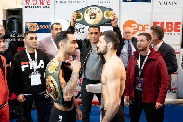 Public Weighing Universum Box Promotion presents UNIVERSUM PIONEERS in Hamburg at the upcoming fight night 09 11 2019 Artem Harutyunyan with his opponent Islam Dumanov with Ismail Özen Otto in the background Public Weighing Universum Box Promotion presents UNIVERSUM PIONEERS in Hamburg at the upcoming fight night 09 11 2019 ,