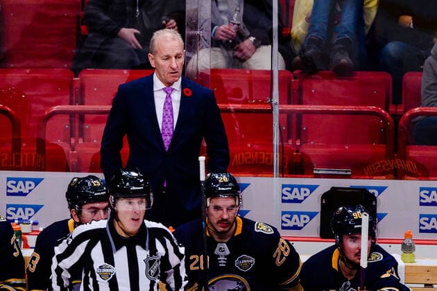 191108 Head Coach Ralph Krueger of Buffalo Sabres during the NHL regular season ice hockey game between Buffalo Sabres and Tampa Bay Lightning on November 8, 2019 in Stockholm Photo Jonas Ljungdahl BILDBYRAN Kod JO Cop 144 Ishockey Icehockey NHL NHL 2019 2020 National hockey league Buffalo Sabres Tampa Bay Lightning Global series bbeng,  Copyright: JONASxLJUNGDAHL BB191108JO069