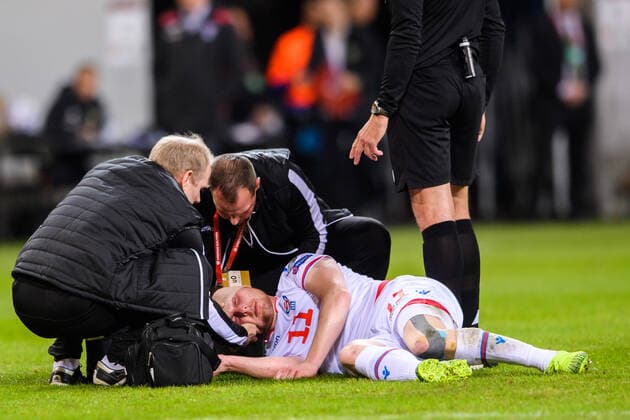 191118 Klaemint Olsen of Faroe Islands in pain during the UEFA Euro Qualifier football match between Sweden and Faroe Islands on November 18, 2019 in Stockholm Photo Maxim Thore BILDBYRAN BBENG football soccer soccer soccer soccer UEFA Euro Qualifier international qualification qualifying for qualifying Sweden Sweden A Sweden Faroe Islands Faroe Islands damage,  Copyright: MAXIMxTHORE BB191118BB535