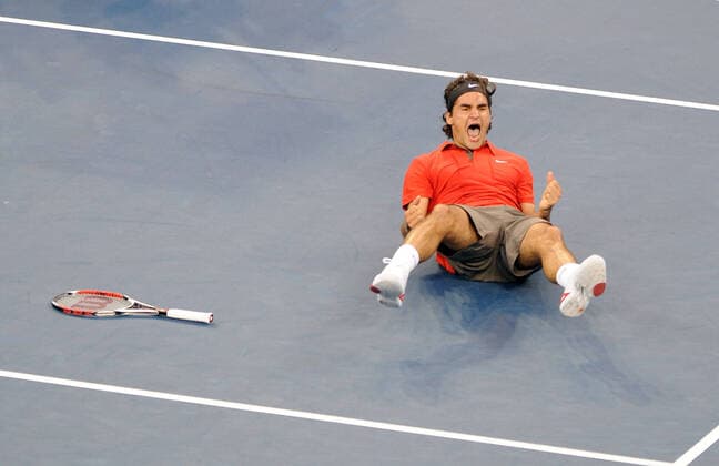 Roger Federer Switzerland Us Open Tennis Flushing Meadow, New York, Usa 08 September 2008 US OPEN TENNIS 2008 FLUSHING MEADOWS NEW YORK 08 09 2008 ROGER FEDERER (SUI) CELEBRATES AS HE WINS 5TH CONSECUTIVE MENS US OPEN SINGLES FINAL, AND HIS 13TH IN ALL  Copyright: MaryxEvansxAllstarxRogerxParker 12441162