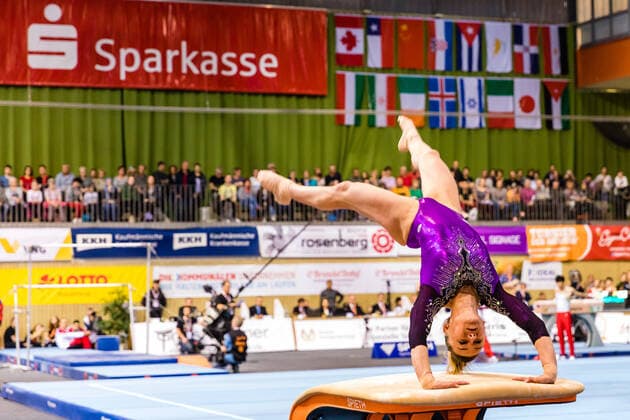 23 11 2019, Brandenburg, Cottbus 44 Tournament of the Masters, On the 1 final day the winners on the ground, on the rings and on the pommel horse will be sought among the men The women will be on the balance beam and at the jump for the medals Maria Paseka RUS jumps at the jump table 44 Tournament of the Masters Cottbus Copyright: xHammerschmidtx Eibner-Pressefotox EP_joha