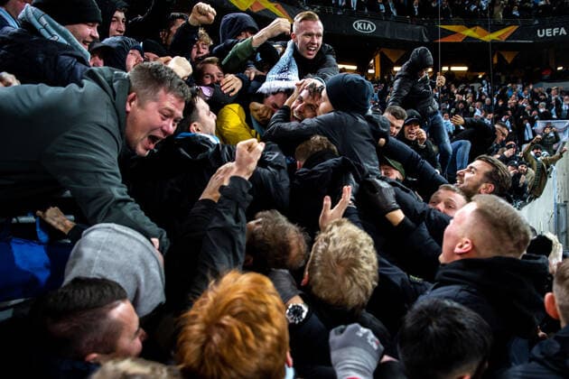 191128 Erdal Rakip and Markus Rosenberg of Malmö FF celebrate with supporters after 4 3 during the Europa League match between Malmö FF and Dynamo Kiev on November 28, 2019 in Malmö Photo Petter Arvidson BILDBYRAN kod PA 92394 bbeng football football football europa league soccer Malmö FF Dynamo Kiev cheers crowd,  Copyright: PETTERxARVIDSON BB191128PA089