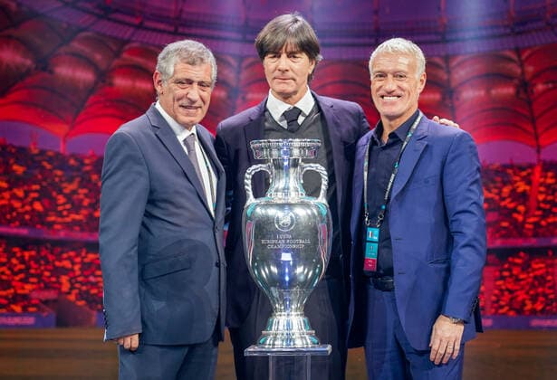 National Coach Group F National Coach Fernando Santos Portugal , National Coach Didier Deschamps France , France , National Coach Joachim Loew Germany 30 11 2019 UEFA EURO2020 Draw, Romexpo Bucharest, DISCLAIMER UEFA regulations prohibit any use of photographs as image sequences and or quasi video